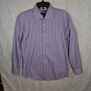 PRONTO Uomo Dress Shirt Mens 16 32 33 Slim Fit Non-Iron Plaid Cotton Blue Pink